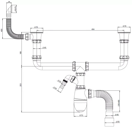 B740V, B740VP - for double sink, square overflow, universal