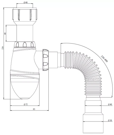 K220 – urinal bottle trap Ø40, flexible outlet pipe